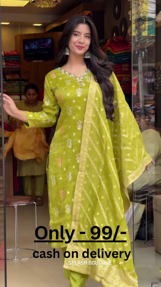 Ethnic Motifs Embroidered Regular Kurta with Trouser & Dupatta