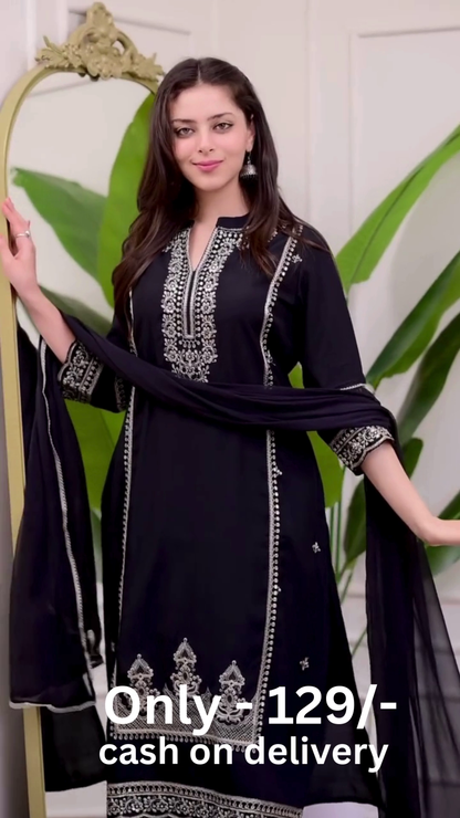 Varanga Ethnic Motif Thread Embroidered A-Line Kurta With Afghani Bottom & Dupatta