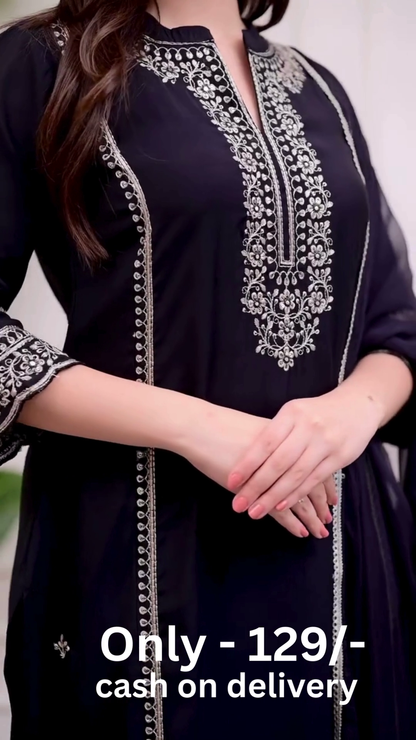 Varanga Ethnic Motif Thread Embroidered A-Line Kurta With Afghani Bottom & Dupatta