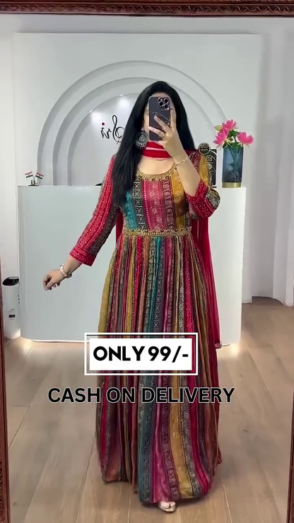 Women’s Digital Multi Color Stylish Floor Length Anarkali Thread Sequence Work Gown with Dupatta
