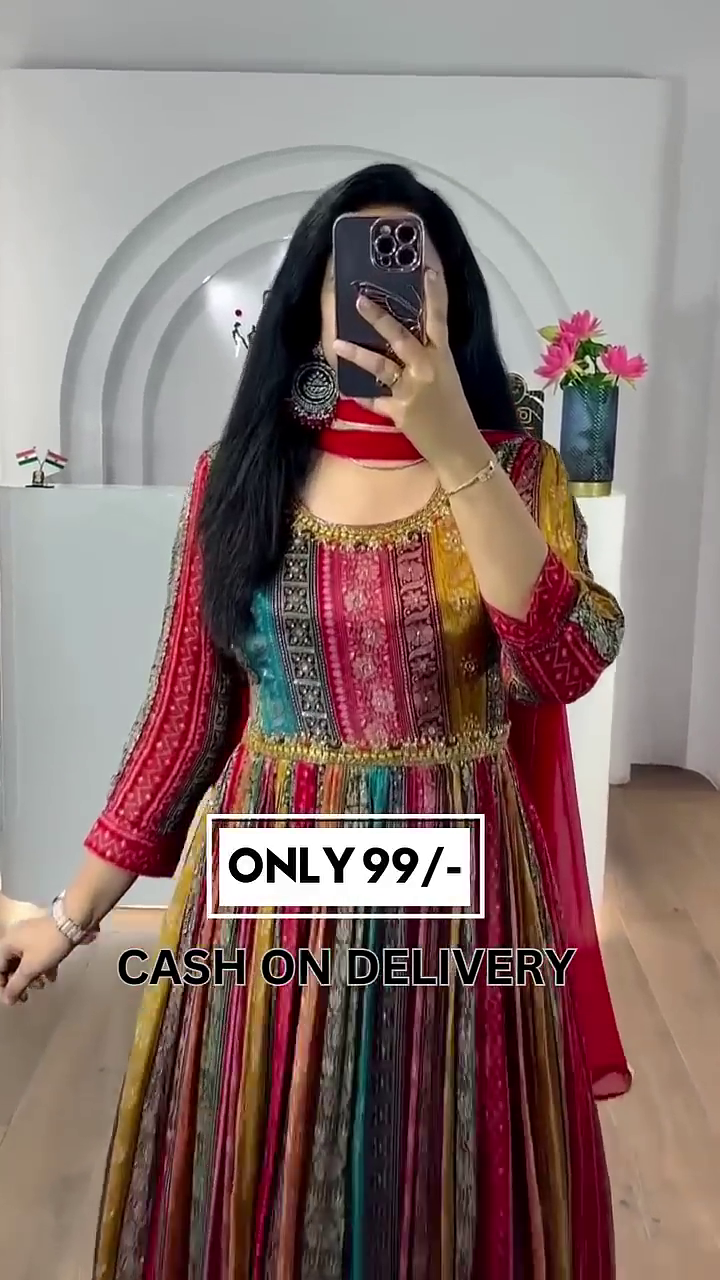 Women’s Digital Multi Color Stylish Floor Length Anarkali Thread Sequence Work Gown with Dupatta