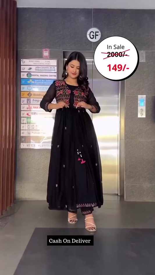 Black Colour Faux Georgette Thread Work Gown With Shrug