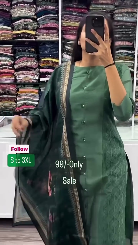 Women Green Colour Cotton Blend Kurta Palazzo Set with Duppatta