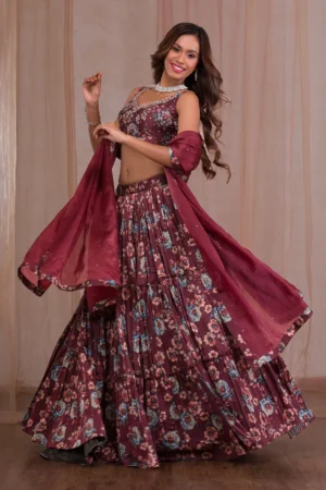 Brown Cutdana Satin Readymade Lehenga