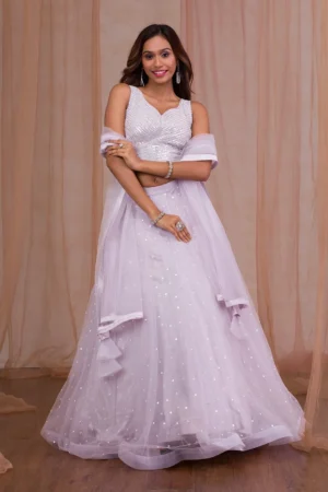 Lavender Sequins Net Readymade Lehenga