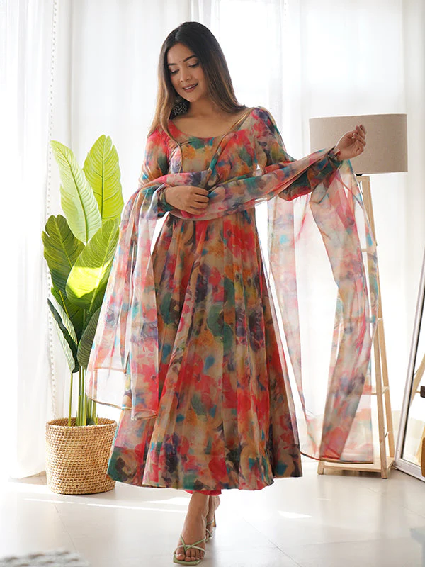 Orange Stains Organza Printed Anarkali Gown With Pant & Dupatta Set - Image 2