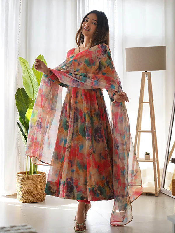 Orange Stains Organza Printed Anarkali Gown With Pant & Dupatta Set - Image 3