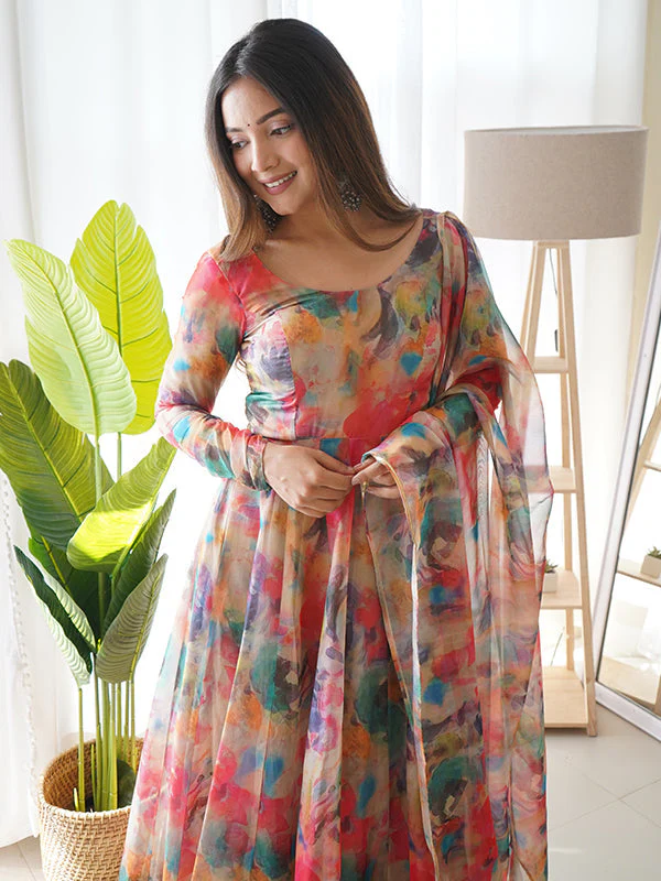 Orange Stains Organza Printed Anarkali Gown With Pant & Dupatta Set - Image 5