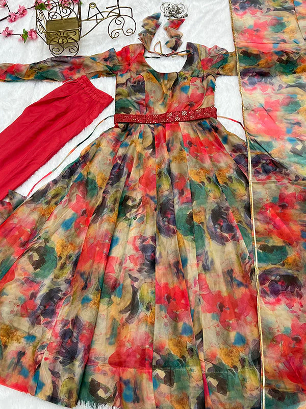 Orange Stains Organza Printed Anarkali Gown With Pant & Dupatta Set - Image 7