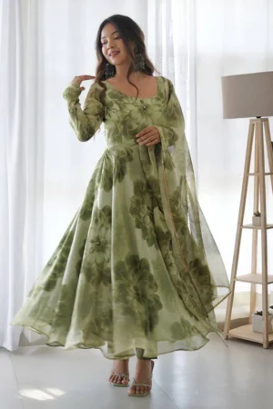 Mehandi Organza Printed Anarkali Gown With Pant & Dupatta Set