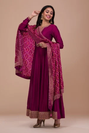 Wine Zariwork Art Silk Readymade Anarkali Suit