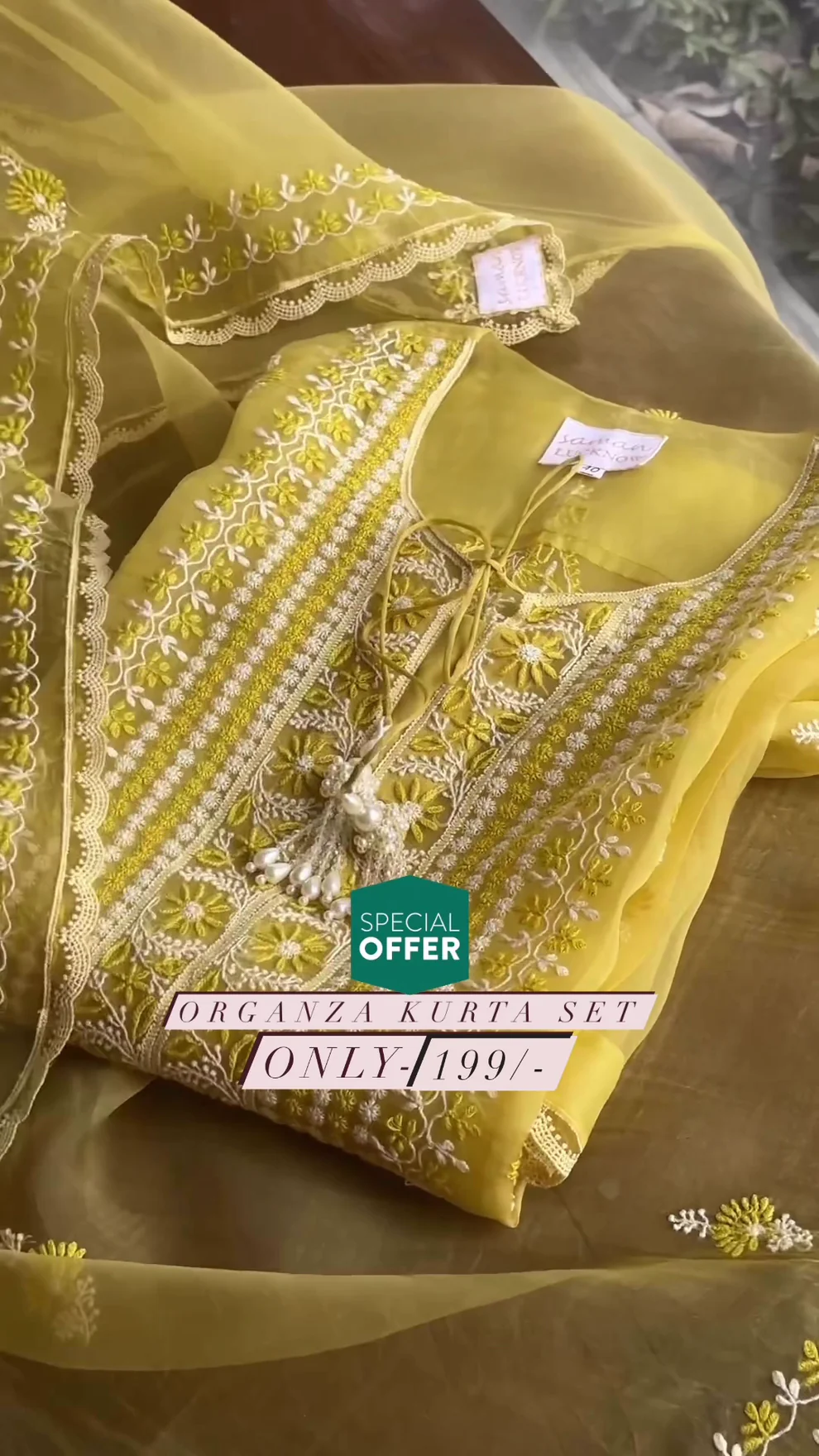 ORGANZA APPLIQUE TOP & DUP & PENT SET PRUSSIAN YELLOW COLOUR