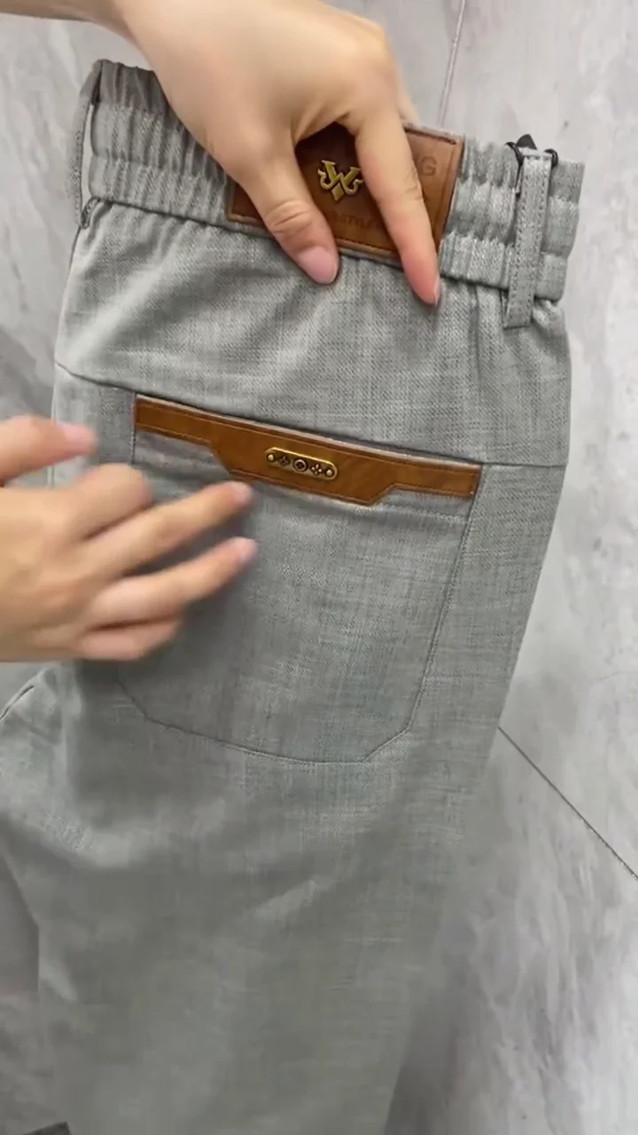 Men’s Grey Formal Stretch Trousers with Leather Accent Pockets