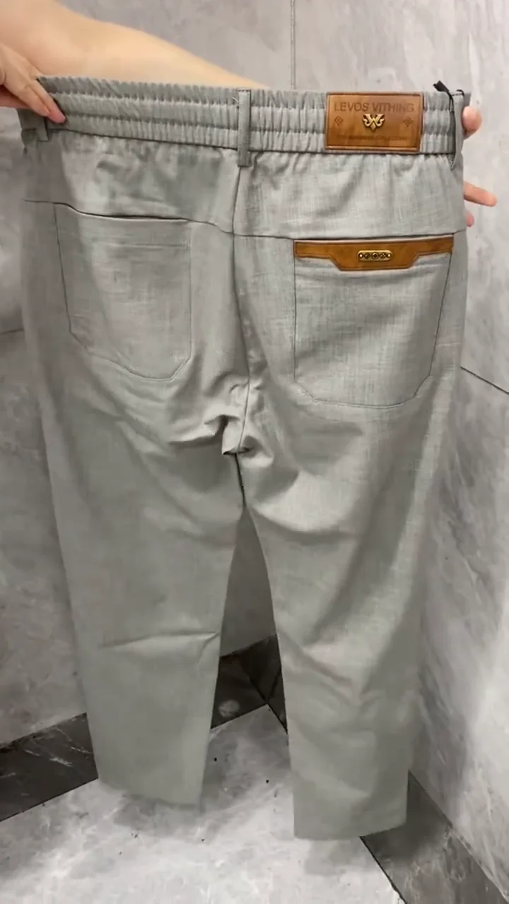 Men’s Grey Formal Stretch Trousers with Leather Accent Pockets - Image 3