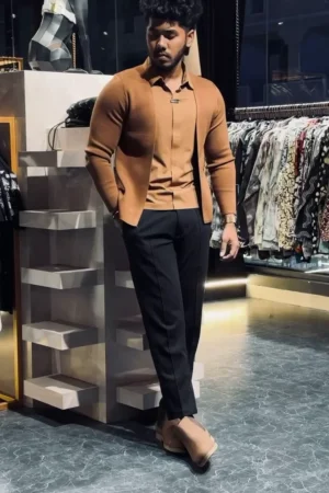 Men’s Slim-Fit Layered Knit Shirt with Open Cardigan Style