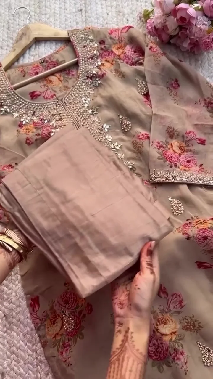 brown colour Premium Kundan Organza Embroidered Suit Set for women - Image 4