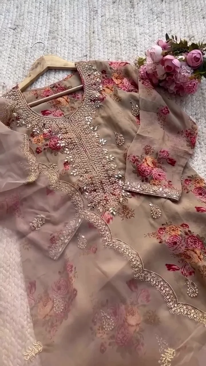 brown colour Premium Kundan Organza Embroidered Suit Set for women - Image 3