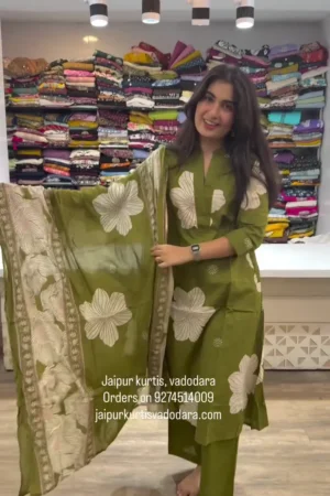 Olive Green Floral Kurta Set with Dupatta – Elegant Office & Festive Wear