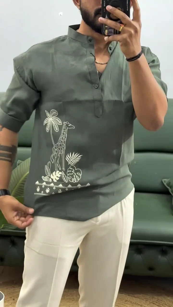 Men’s Printed Cotton Blend Short Kurta | Regular Fit Casual Kurta Shirt for Men with Mandarin Collar - Image 2