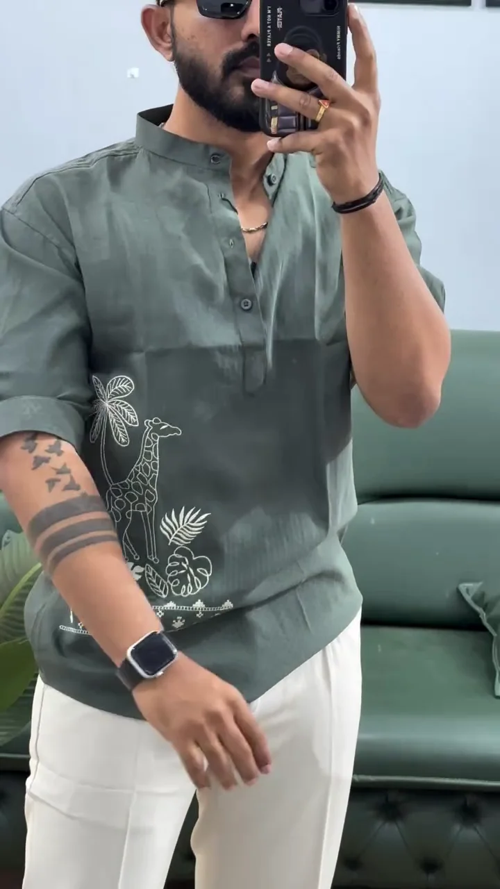 Men’s Printed Cotton Blend Short Kurta | Regular Fit Casual Kurta Shirt for Men with Mandarin Collar - Image 7