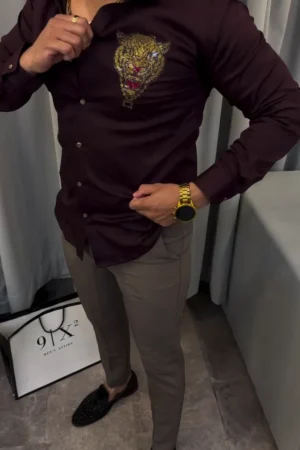 India Slim Slim Fit Spread Collar Embellished Cotton Party Shirt