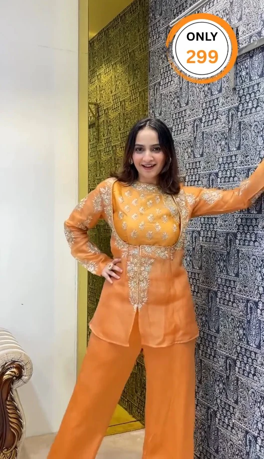 Crop top palazzo with organza jacket and zero gota embroidery