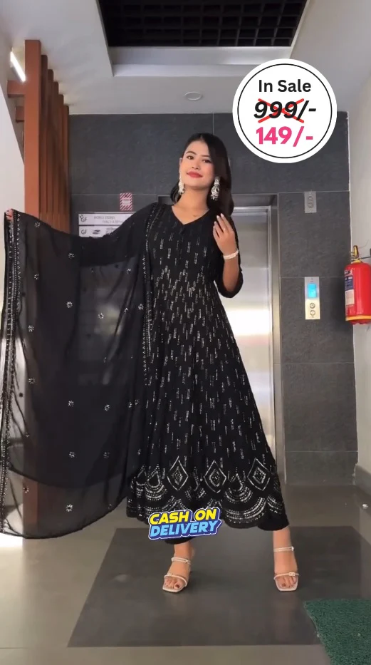 Women Black Colour Embellished Anarkali Kurta Set with Dupatta - Image 3