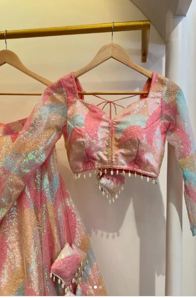 Pink Floral Print, Embellished Stitched Lehenga Choli - Image 3