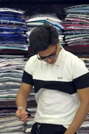 Men’s Cotton Color Block Polo Neck Half Sleeve WhiteBlack Color T-Shirt S Size ★